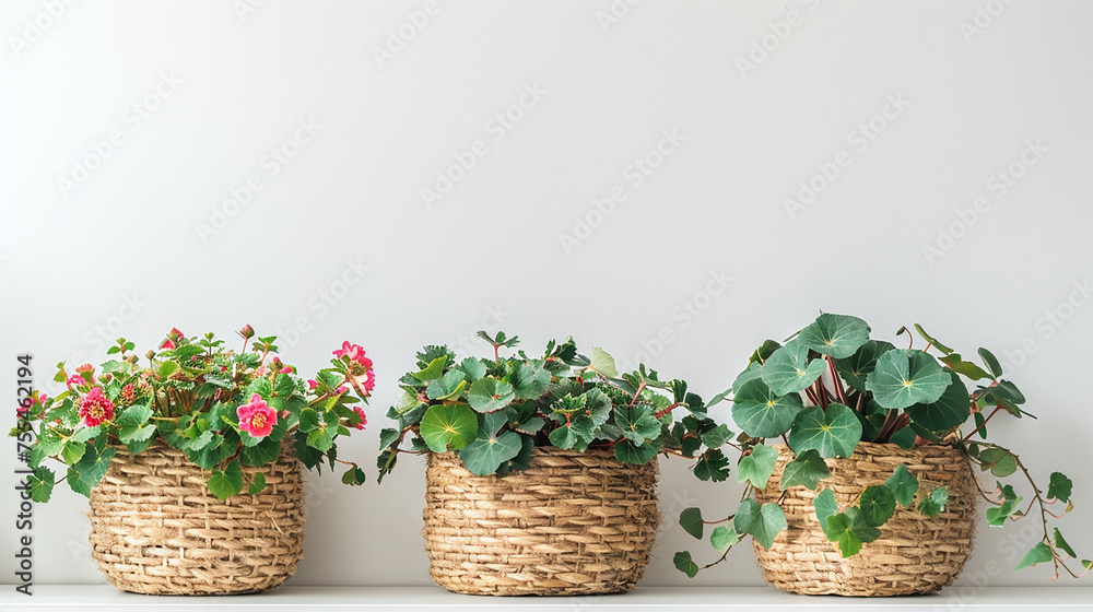 Begonia plants are in woven baskets.