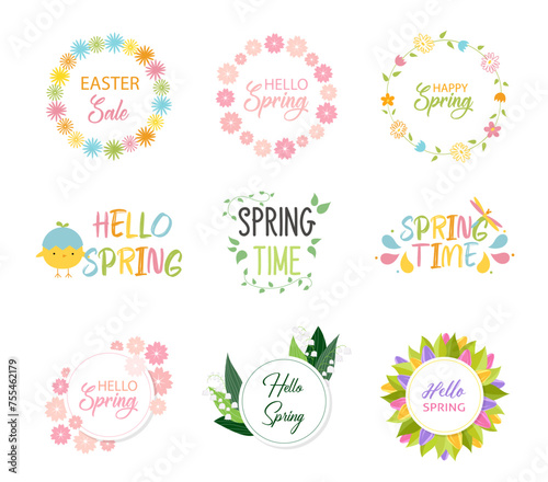 Set of Spring Hand Lettering Hello Spring with Flowers. Spring labels with season calligraphy quotes, flowers, wreathes. Spring season advertising templates. Hand drawn vector illustration