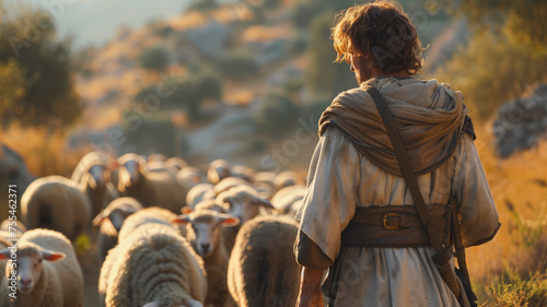 A young shepherd, reminiscent of David, leads his flock through the wilderness at dusk.