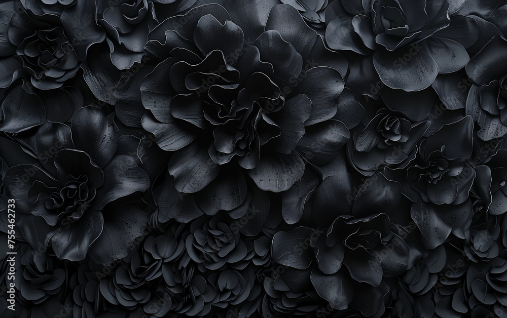 A lavish abundance of abstract black blooms, the rarity of obsidian florals revealed through relief technique on canvas, accentuating texture, dance with light and shadow in a captivating display A lavish abundance of abstract black blooms, the rarity of obsidian florals revealed through relief technique on canvas, accentuating texture, dance with light and shadow in a captivating display