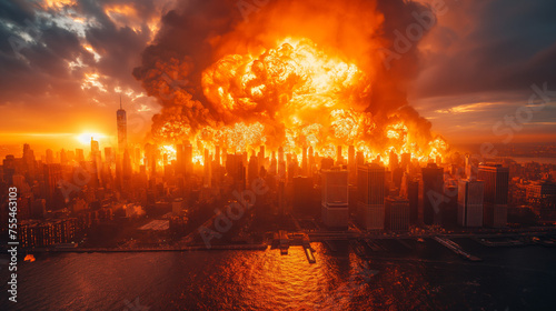 Nuclear explosion over a busy city, armageddon, apocalypse, catastrophe, meteor impact over urban big city skyline