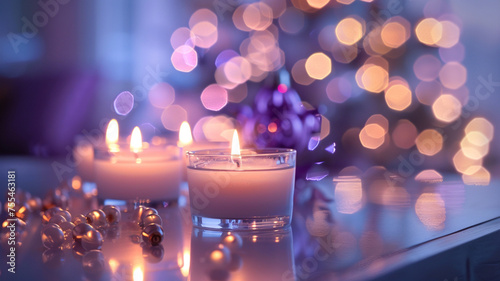 Hanukkah lights glow in soft lilac tones, symbolizing peace and tranquility during the holiday season photo
