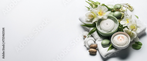 Beautiful spa and wellness background with towels, candles, green leaves and flowers, banner with copy space