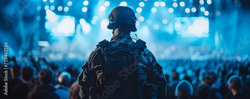 Guard with back turned to concert crowd . Concept Concert Security, Event Safety, Crowd Control, Security Measures, Back Turned Guard