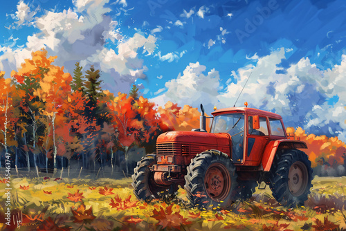 a red tractor in a field with fall leaves