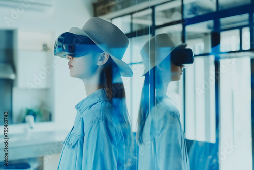 Futuristic illustration of a woman using virtual reality spatial computer goggles VR glasses headset in his daily work activity tasks with 3d digital projection