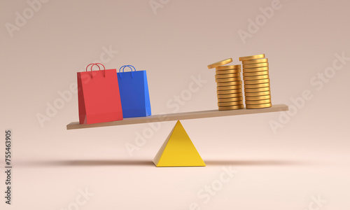 Balance of shopping bag and money stack on plank photo