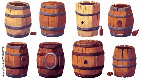 Cartoon modern illustration of old wooden barrels for wine and whiskey making, gunpowder and TNT storage. Old wood kegs stacked and singled out. photo