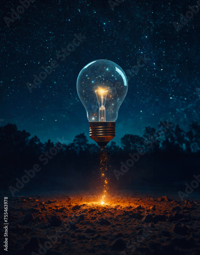 Light bulbs fly up into the night sky. There are many stars and sky in the background.