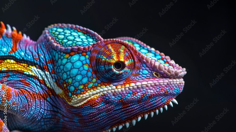 Fototapeta premium Brightly colored chameleon with intricate scales against a dark backdrop