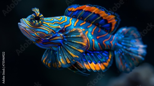 Brilliantly patterned mandarin fish in a dynamic pose, black background photo