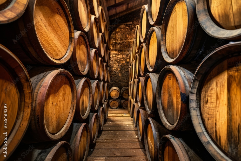 Stacked wooden barrels in a cellar