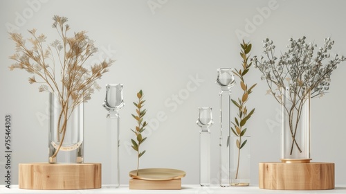 Mockup of glossy acrylic winner cup on pedestal with a glass trophy and laurel. Set of realistic moderns showing transparent plexiglass crystal awards on wooden bases. photo