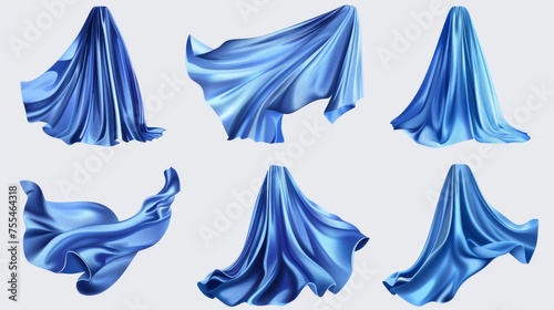 Blue cape cloak for superhero floating under wind in different positions. Set of windblown curtains and draperies with wrinkles.