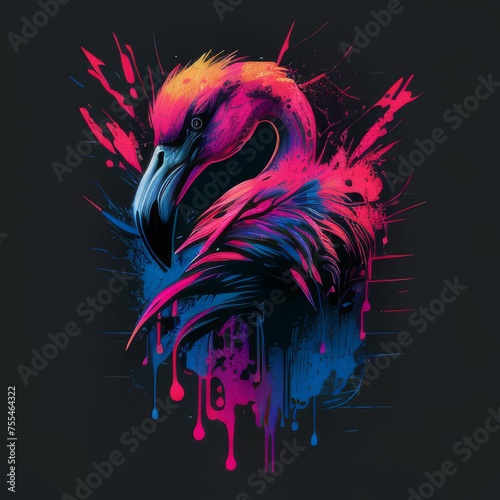 Flamingo portrait graphic dressed smartly on t-shirt vector, synthwave, colorful