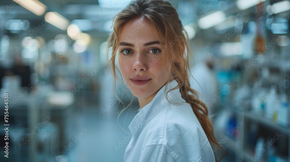 Portrait of a young female scientist in a white lab coat working in a laboratory
