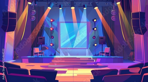 The contest and competition stage of an empty talent contest is shown as a cartoon modern with a microphone and loudspeakers on scene, a big screen, chairs of the jury, and spotlights. photo