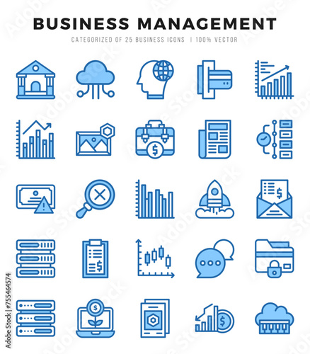 Set of Business Management Icons. Simple Two Color art style icons pack.
