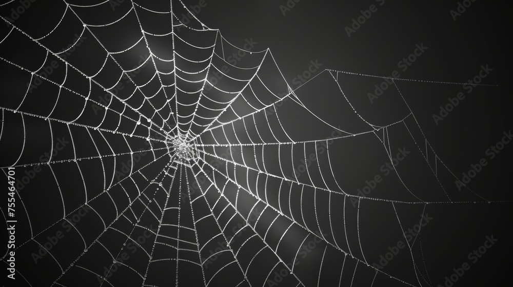 Decorative spider web background on black background with white thin sticky thread line. Arachnid trap for insects. Modern scary spooky cobweb net on black background.