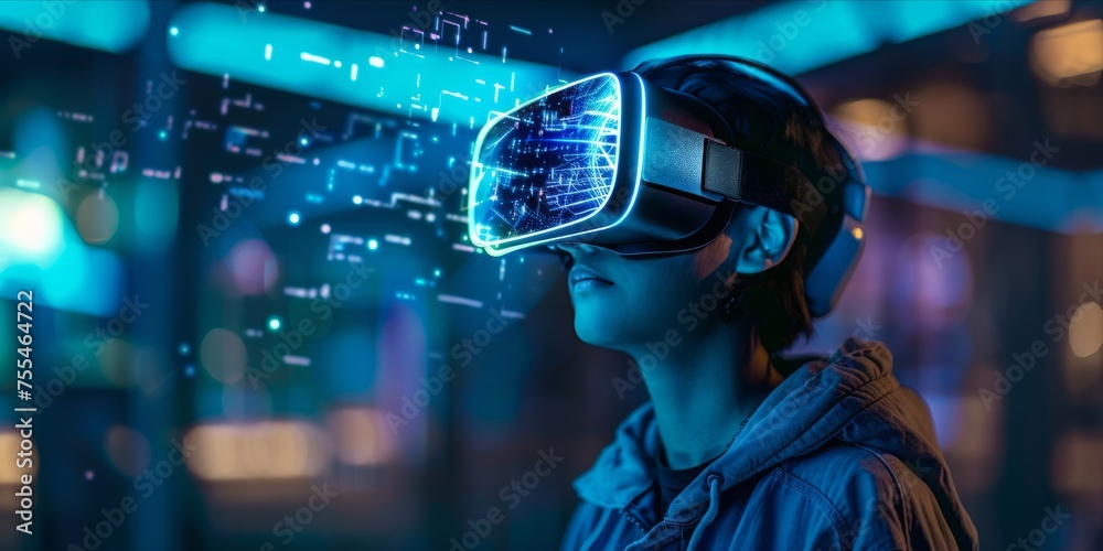 Fototapeta premium Individual in a VR headset with illuminated digital graphics.