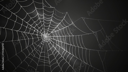 Decorative spider web background on black background with white thin sticky thread line. Arachnid trap for insects. Modern scary spooky cobweb net on black background. © Mark