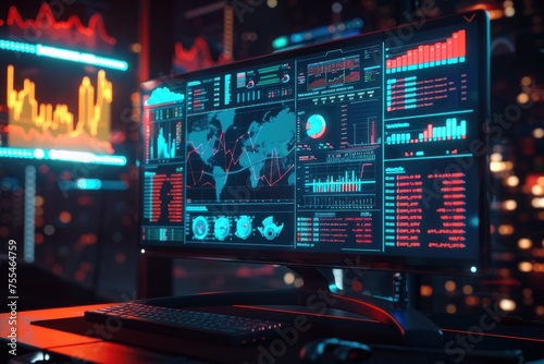 A computer monitor displays a lot of data and graphs. Concept of information overload and complexity