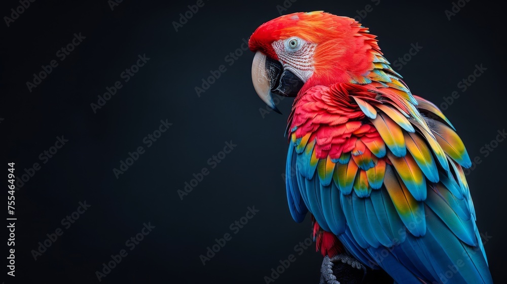 Vivid parrot with a rainbow of feathers perched elegantly, black background