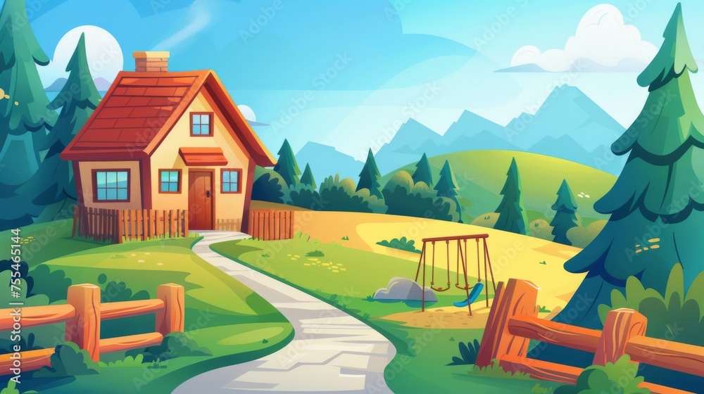 An illustration of a mountain village street with a small house on it. Fir trees cover the hills, wooden fence lines the road, and clouds hang above the blue skies. An illustration of a mountain village street with a small house on it. Fir trees cover the hills, wooden fence lines the road, and clouds hang above the blue skies.