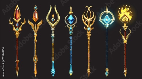 Set of magic tridents isolated on black background. Modern illustration of golden spear forks decorated with gemstones, games rank assets, poseidon power symbols, nautical weapons, UX design