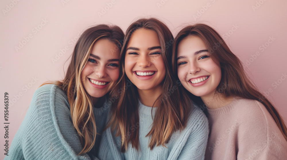 Trio of smiling young girls with long hair on a soft pink background Trio of smiling young girls with long hair on a soft pink background