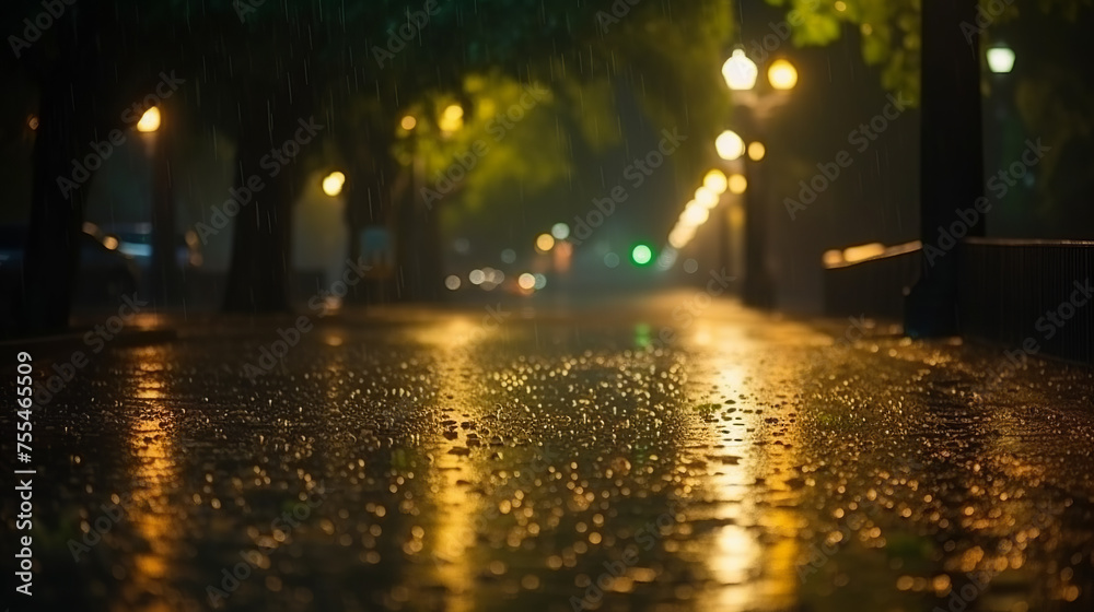 Rain at night. Street with wet surface, illuminated by street lights, with trees in background