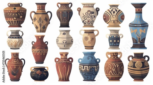 Cracked antique ceramic handicraft crockery with traditional patterns. Cartoon modern illustration of Greek historical earthenware artifacts.