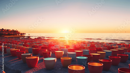A lot of colored cups scattered across a sandy beach in the summertime under the evening sky