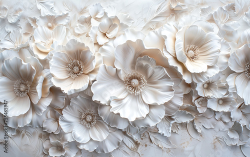 A captivating ode to the ethereal beauty of white and rare flowers, meticulously crafted through relief technique on canvas © Olga