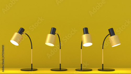 3D render of yellow desk lamps glowing against yellow background photo