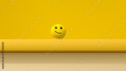 3D render of smiley face sphere standing against yellow background photo