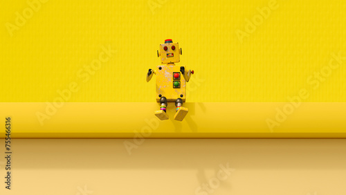 3D render of old-fashioned toy robot sitting on yellow ledge photo