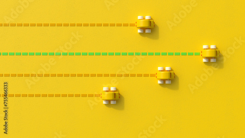 3D render of toy cars racing against yellow background photo