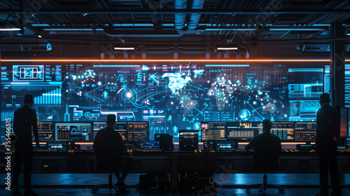 A futuristic cybersecurity control room photo