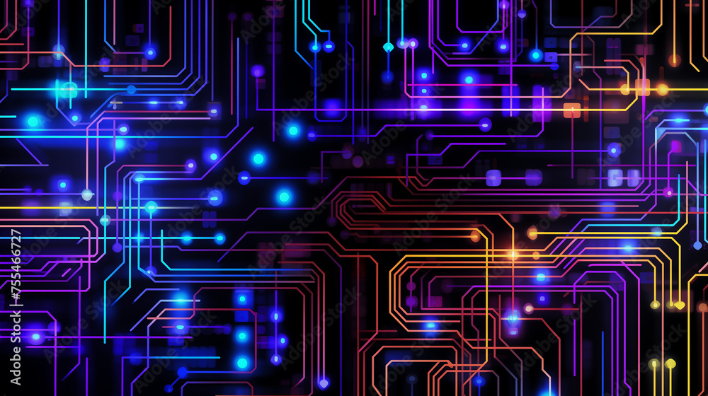 A computer circuit board illuminated with vibrant lights of various colors, wallpaper A computer circuit board illuminated with vibrant lights of various colors, wallpaper