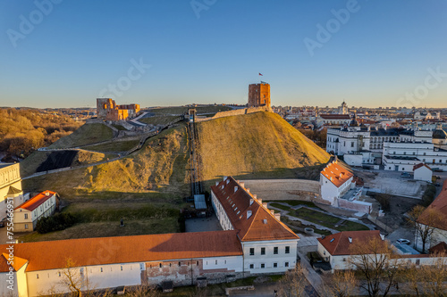 Aerial spring view of sunset in Vilnius Old Town, Gediminas Castle Tower, Lithuania