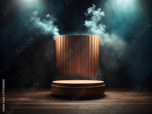 The empty wooden cylinder shape of the product display Podium design, Stands for showing or designing a blank backdrop dark abstract wall with smoke floating up. Platform illuminated by spotlights
