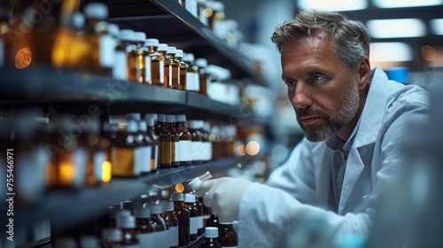  A mature male pharmacist in a white coat is meticulously selecting medication bottles from a well-stocked pharmacy shelf.
