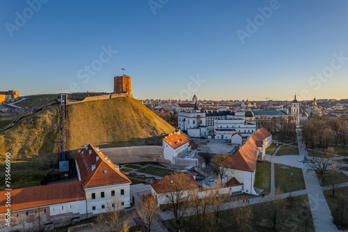 Aerial spring view of sunset in Vilnius Old Town, Gediminas Castle Tower, Lithuania