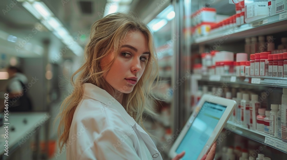  Pharmacist in white coat using a digital tablet with a thoughtful expression in a pharmacy with shelves stocked with medications.