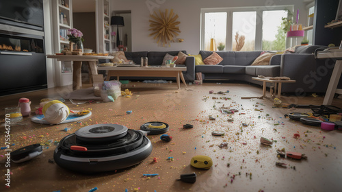 A messy living room overrun with clutter and toys, showcasing a chaotic and disorganized space