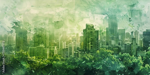 Green cityscape illustration blending with nature.