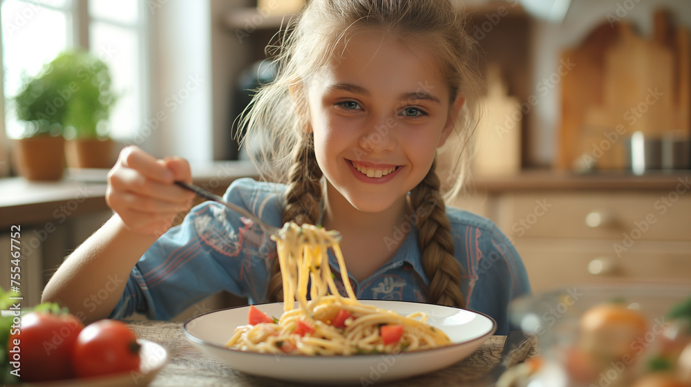 Smiling girl eating tasty pasta spaghetti  with tomato sauce at home kitchen 