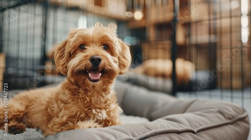 Generative AI, cute happy dog on cozy bed in specialized pet hotel.