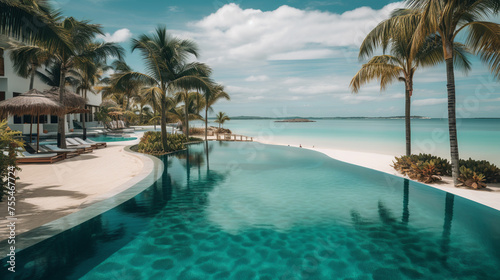 Large Swimming Pool Surrounded by Palm Trees at the beach